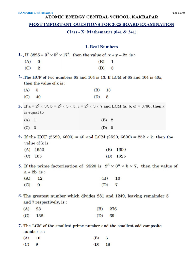Class X Math Questions for 2025 Exam | PDF