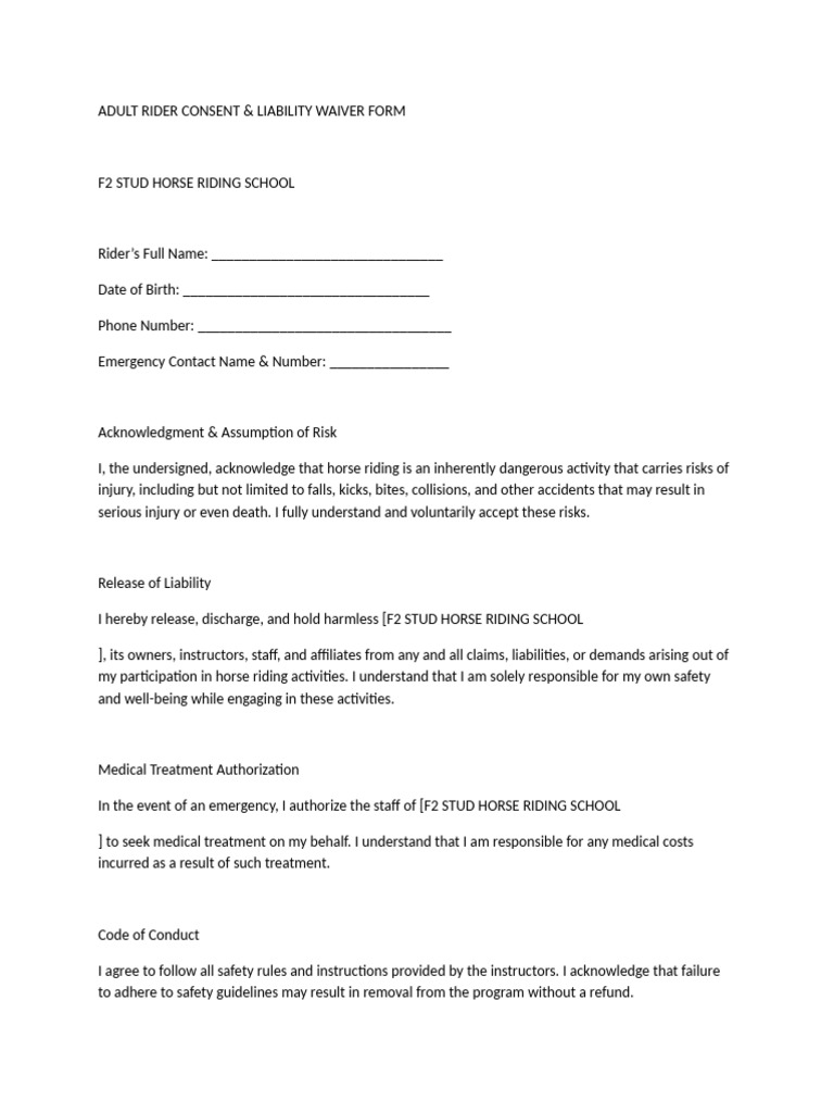 Adult Rider Liability Waiver Form | PDF