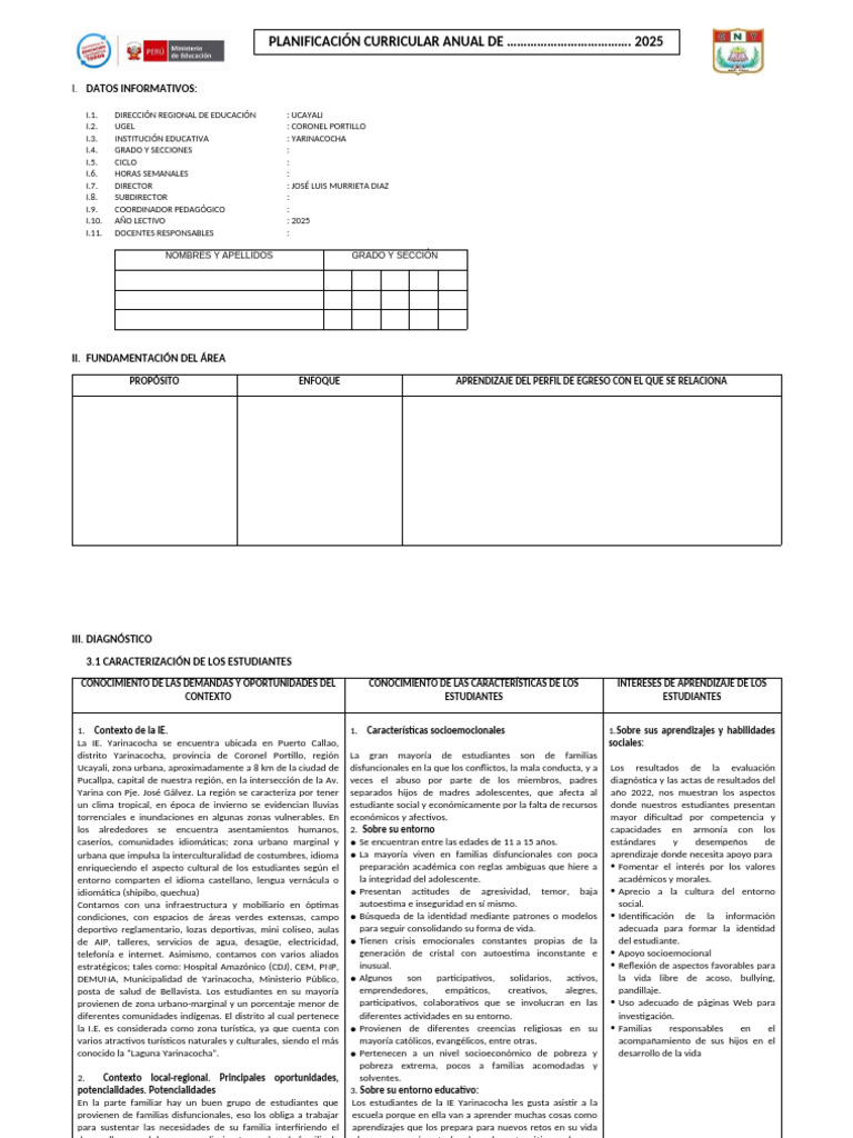 Plan Curricular Anual 2025 Yarinacocha | PDF | Evaluación | Aprendizaje