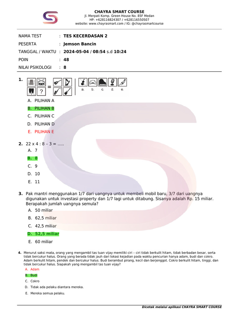 Tes Kecerdasan Chayra Smart Course | PDF