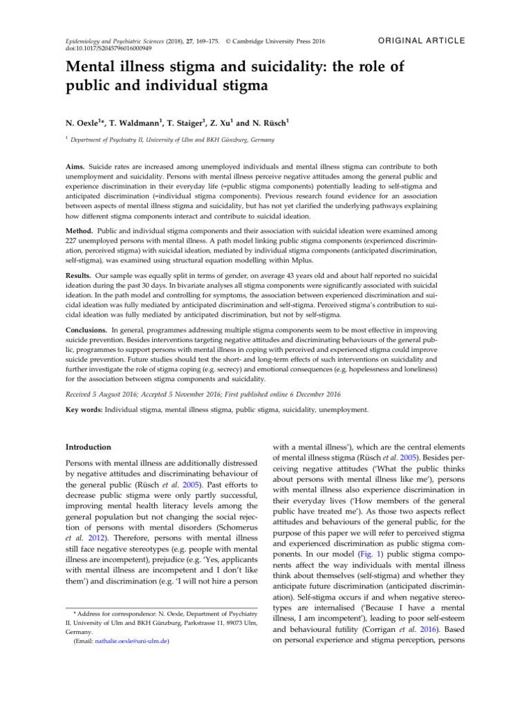 Mental Illness Stigma and Suicidality | PDF | Social Stigma | Mental ...