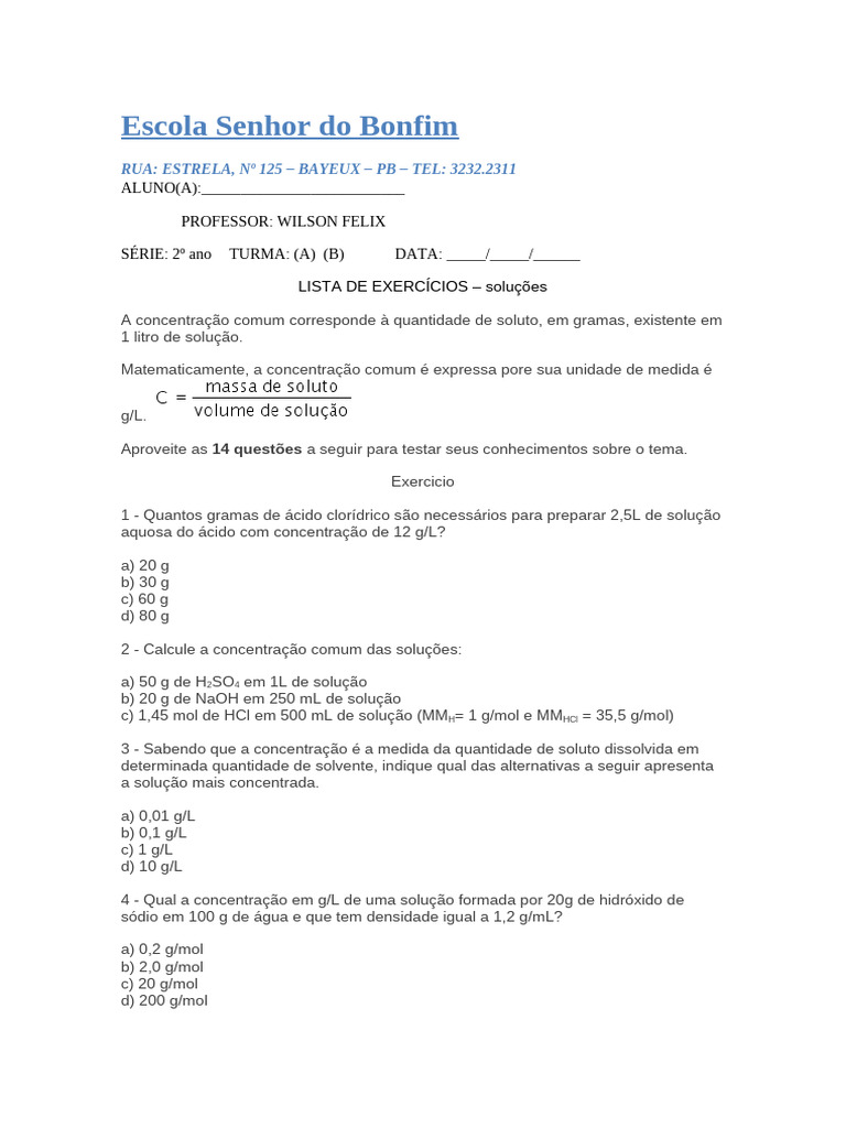 Exercícios sobre Concentração Comum | PDF | Concentração | Química