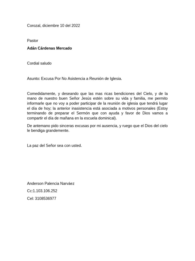 Excusa por Inasistencia a Reunión Iglesia | PDF