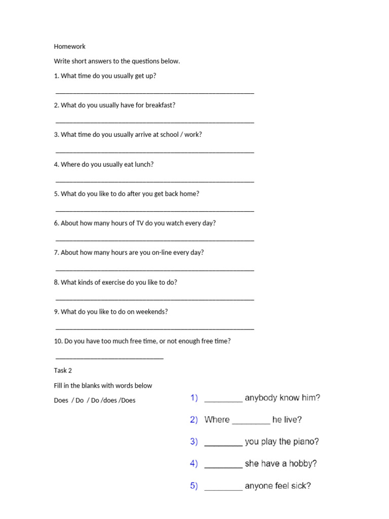 Daily Routine Homework Questions | PDF