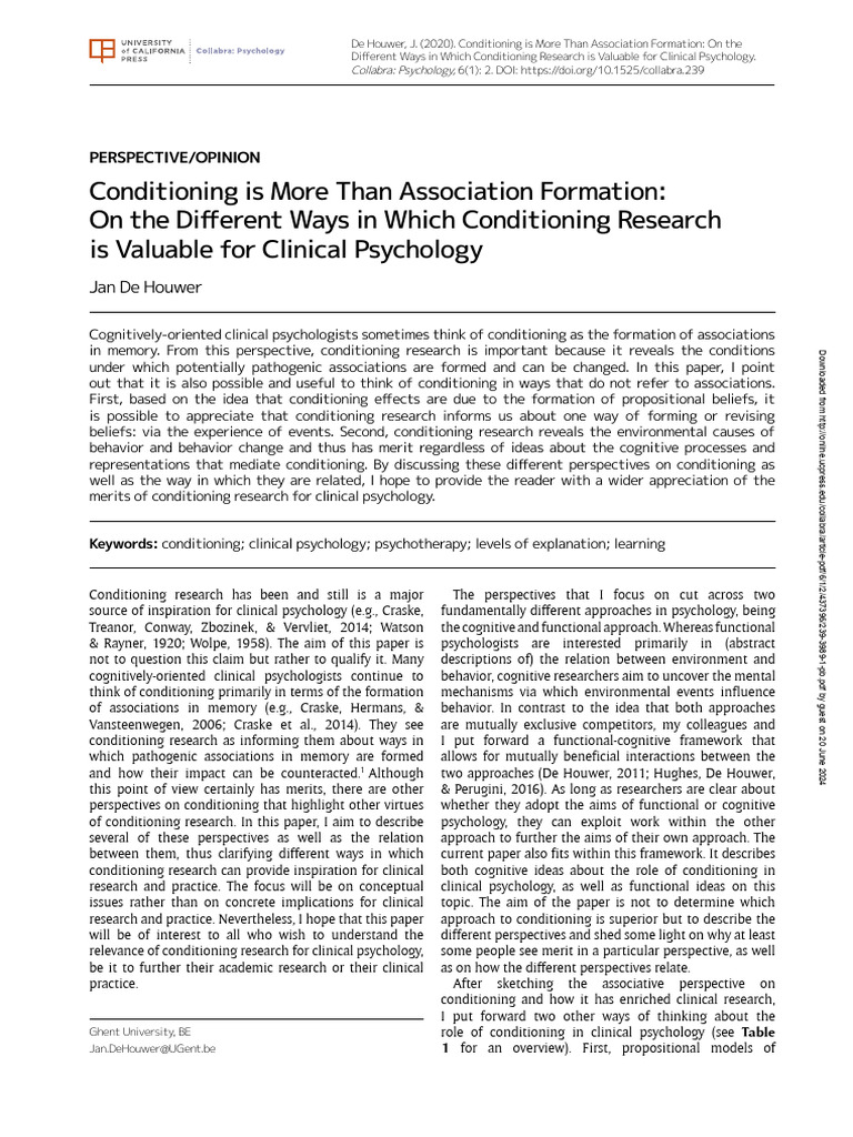 Conditioning is More Than Association Formation | PDF | Classical ...