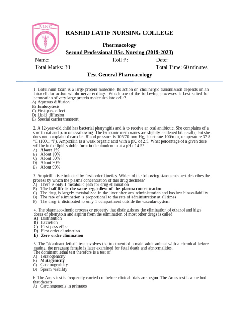 Pharmacology Test for Nursing Students | PDF | Pharmacokinetics | Drugs