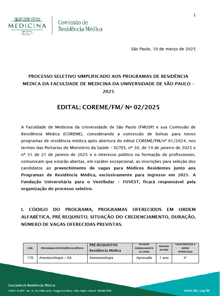 Inscrições para Residência Médica 2025 FMUSP | PDF | Remédio | Educação ...