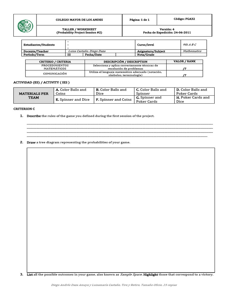 9th Grade Probability Project Rubric Session #2 - Criterion B & C | PDF ...