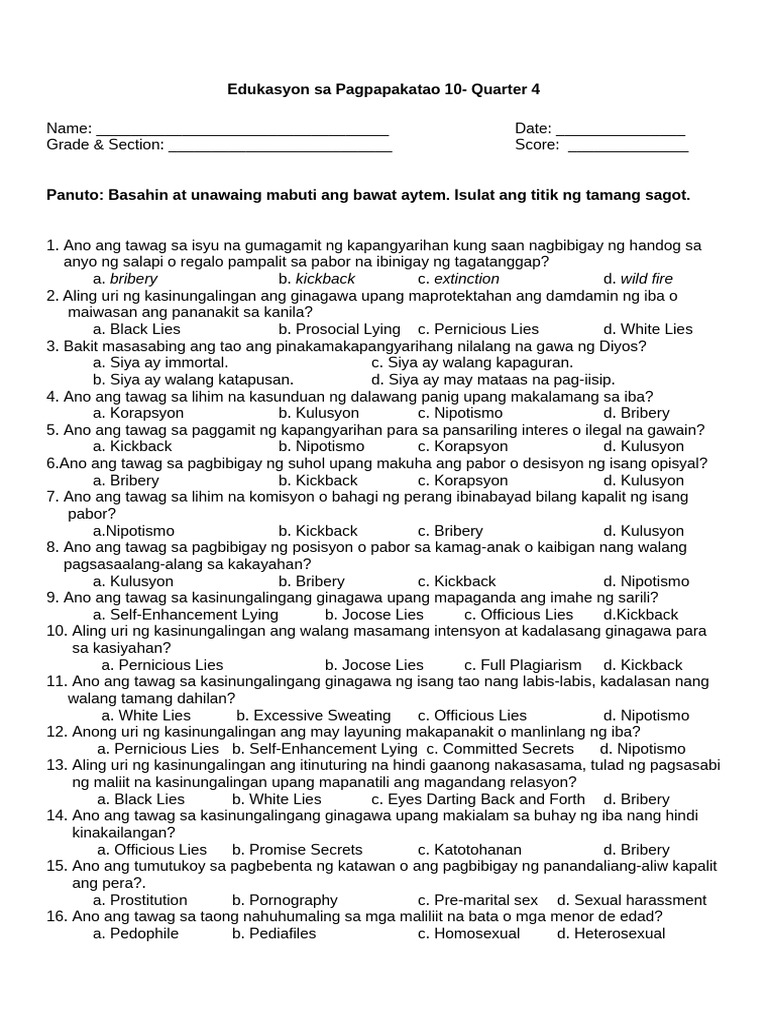 EsP10 Assessment Q4 | PDF