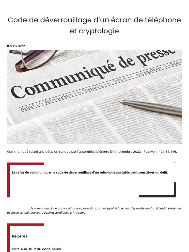 Refus de code de déverrouillage : délit | PDF | Cryptage | Cryptographie