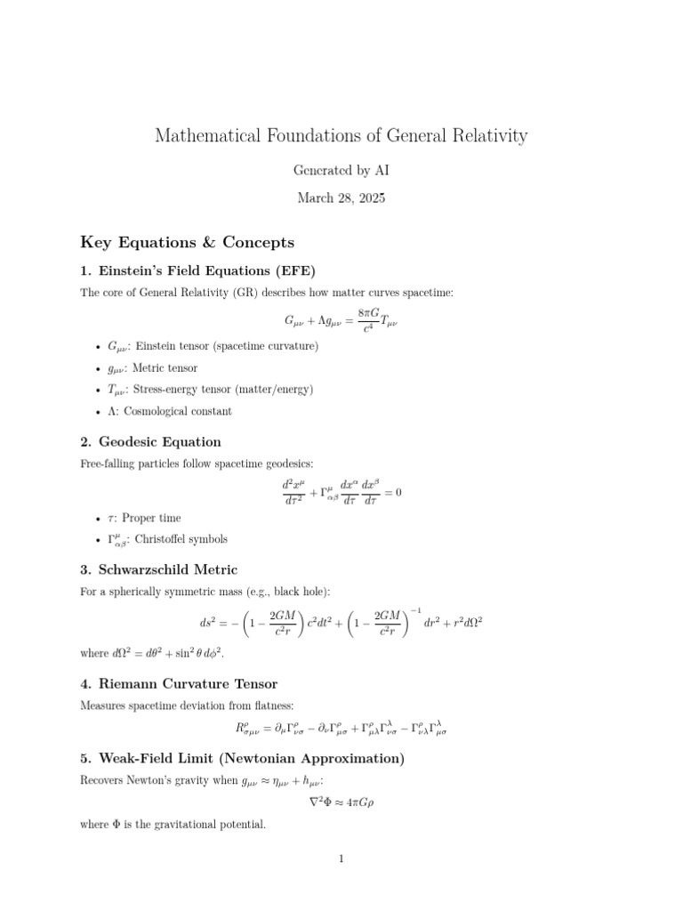 Key Equations in General Relativity | PDF