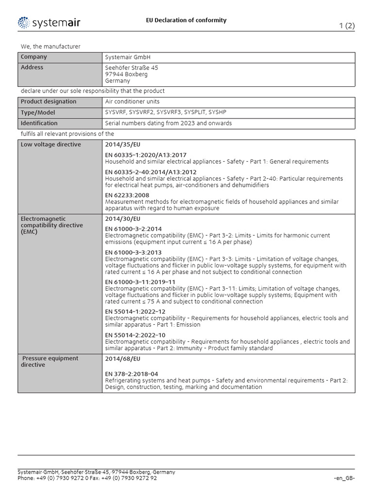 EU Declaration of Conformity for Air Conditioners | PDF ...