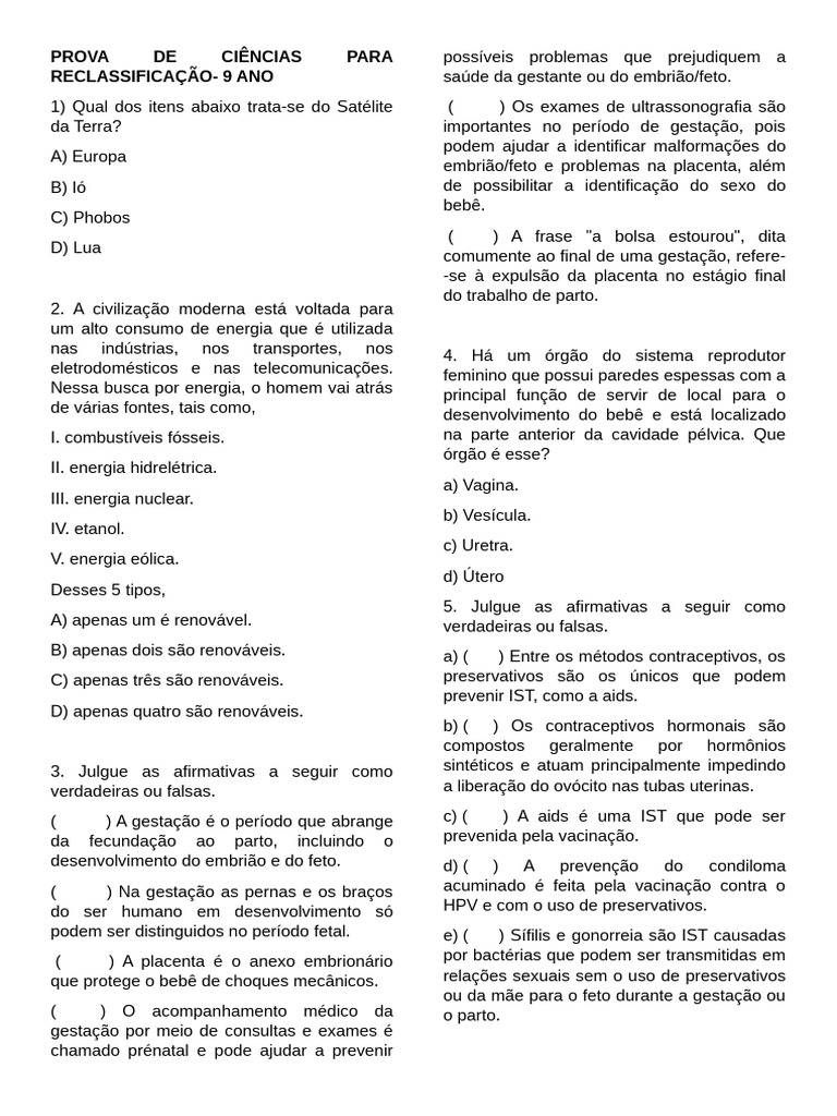 Prova de Ciências - Reclassificação 9º Ano | PDF | Gravidez | Parto