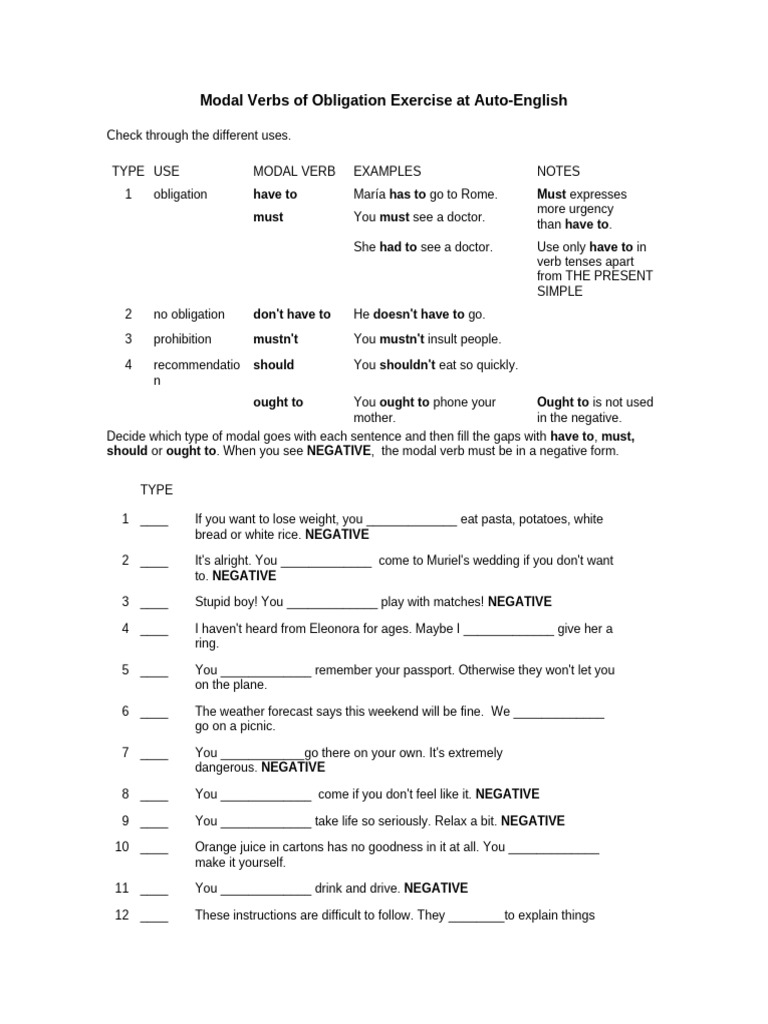 Modal Verbs of Obligation Exercise at Auto | PDF | Verb | Linguistic ...