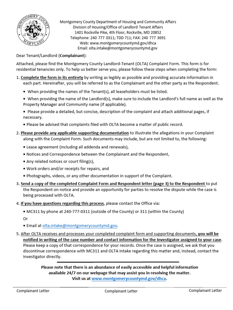 Complaint - Form Moco MD Landlord Tenant | PDF | Leasehold Estate ...