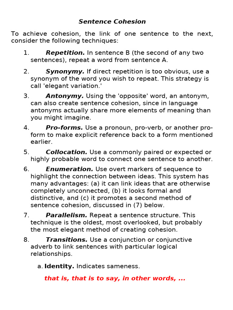 Techniques for Sentence Cohesion | PDF | Syntax | Language Mechanics