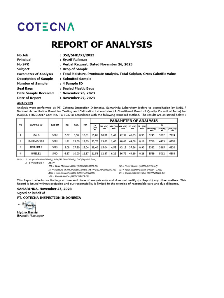 Sample Analysis Report - November 2023 | PDF