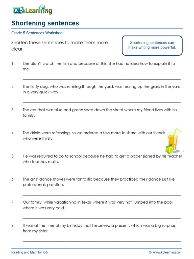 Shortening Sentences Worksheet K-5 | PDF
