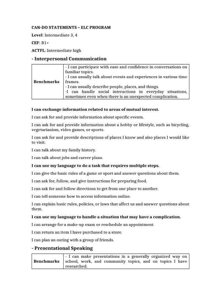 ELC Program: Intermediate Can-Do Statements | PDF | Communication ...