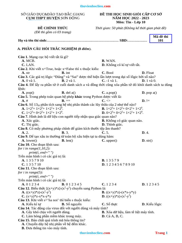 Dapan de Thi HSG Tin 10 Cum Truong Huyen Son Dong 22 | PDF