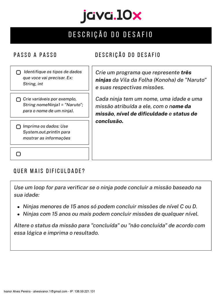Desafio: Programação de Ninjas em Java | PDF