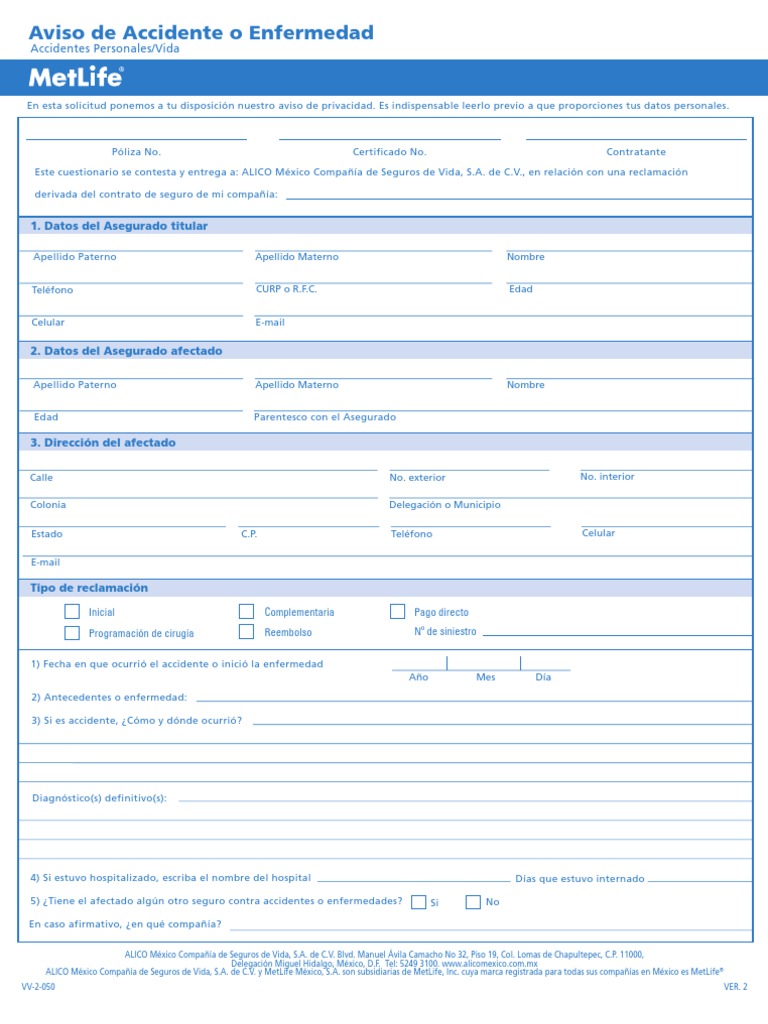 Aviso Accidente Enfermedad VV-2-050 | PDF | Privacidad de la
