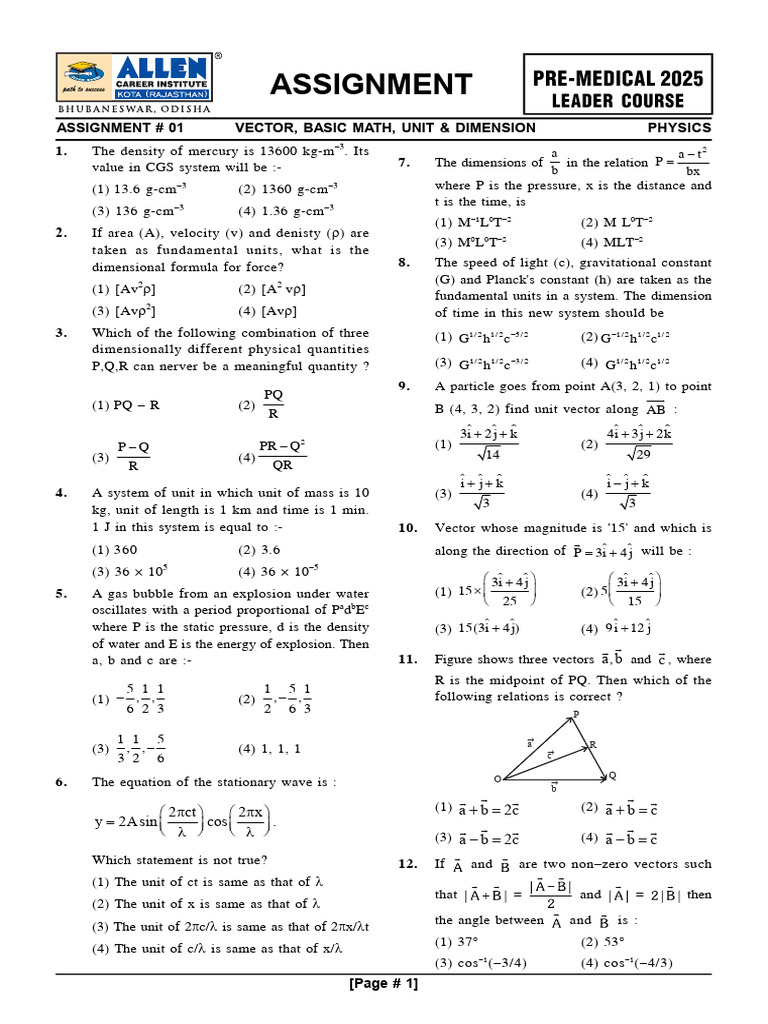 Physics Assignment on Vectors and Dimensions | PDF | Angle | Quantity
