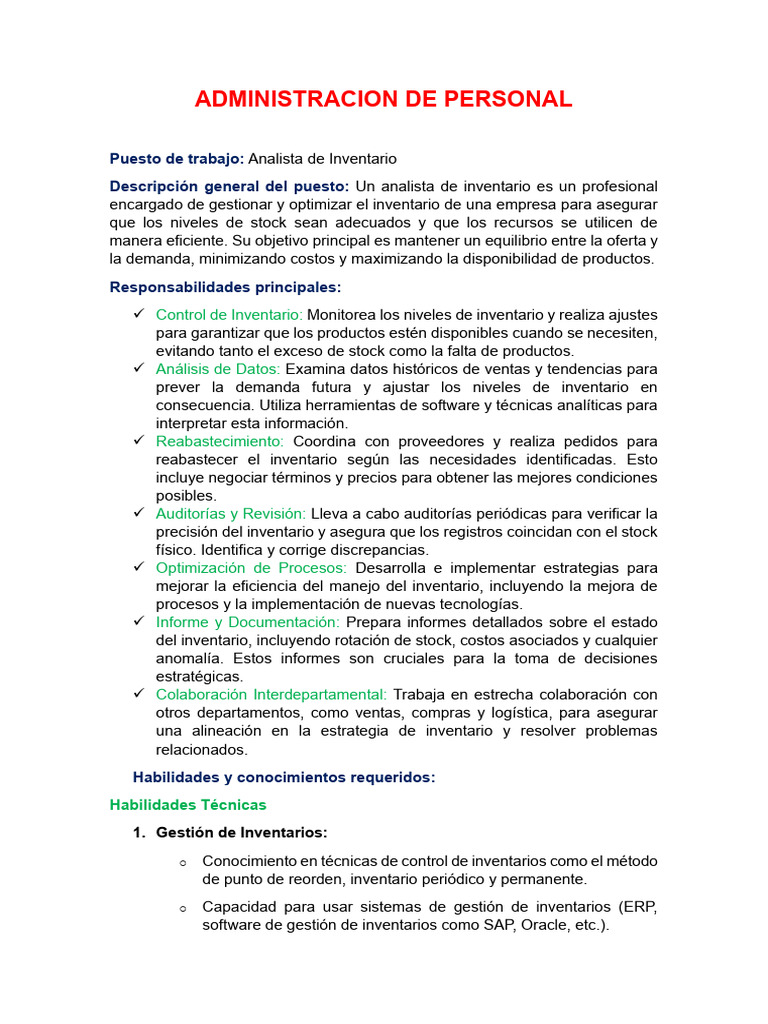 Descripción del Puesto: Analista de Inventario | PDF | Logística ...