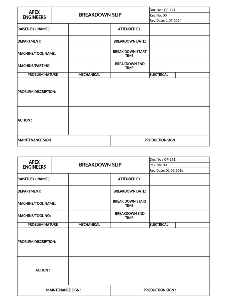 Breakdown Slip Format QF-191 | PDF
