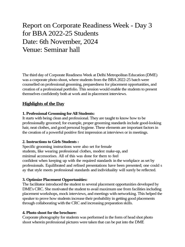Report On Corporate Readiness Week - Day 3 | PDF | Learning