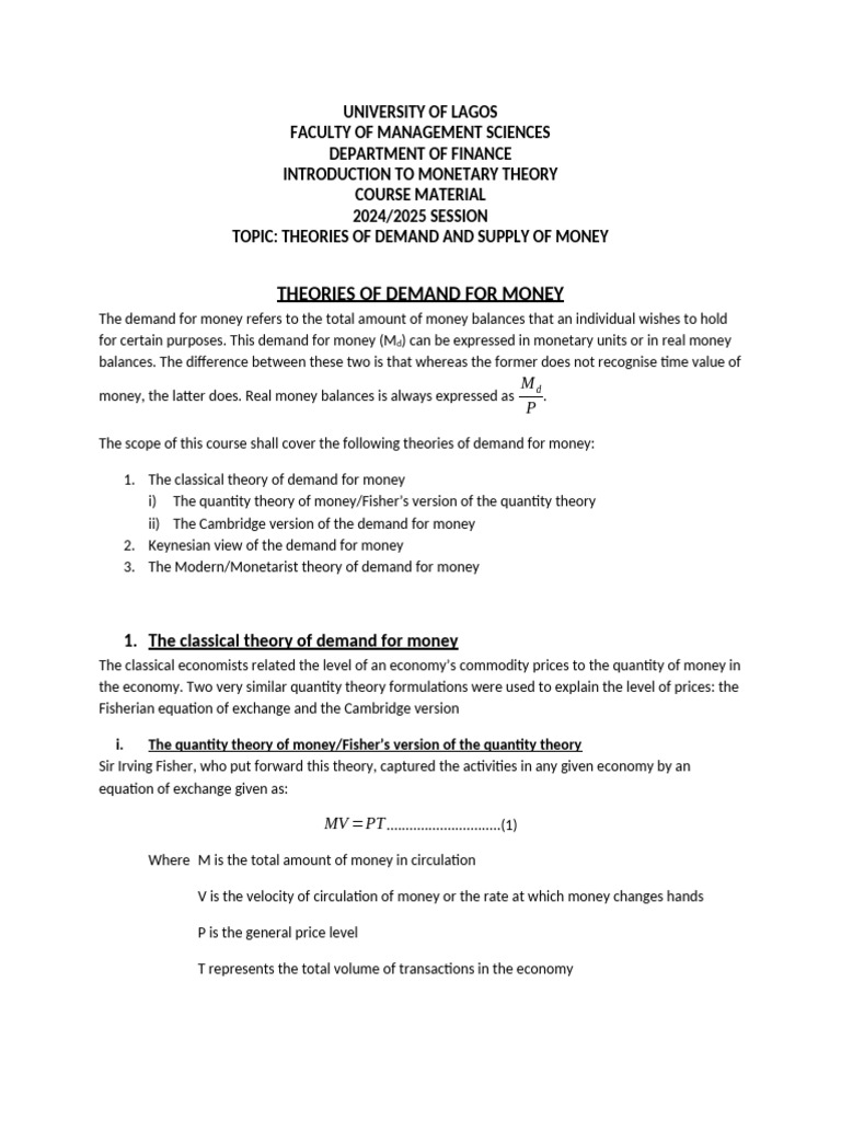 Demand and Supply of Money Theories | PDF | Quantity Theory Of Money ...