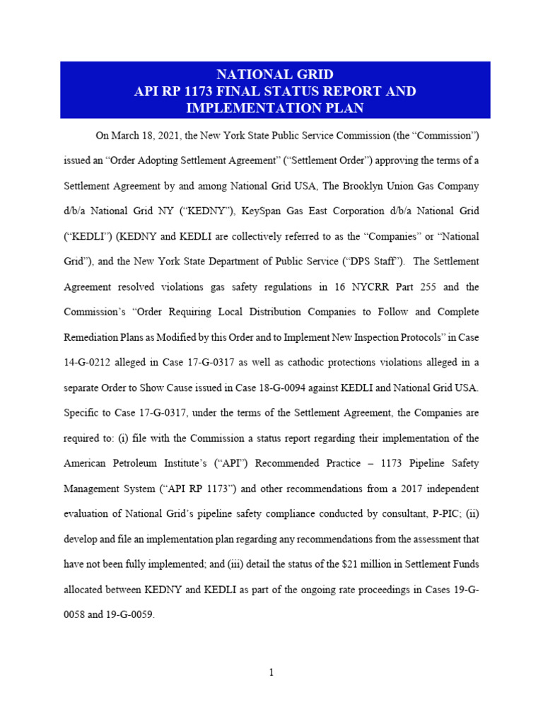 National Grid API RP 1173 Status Report | PDF | Leadership | Risk