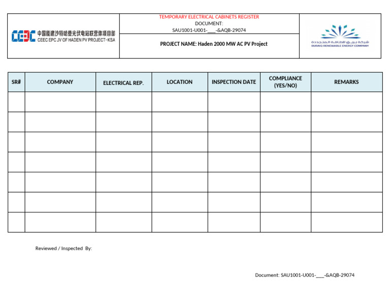SAU1001-U001 - &AQB-29074 Temporary Electrical Cabinets Register | PDF
