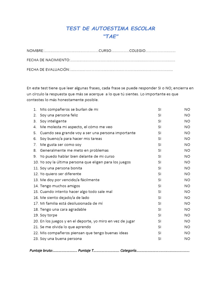 Test TAE de Autoestima Escolar | PDF