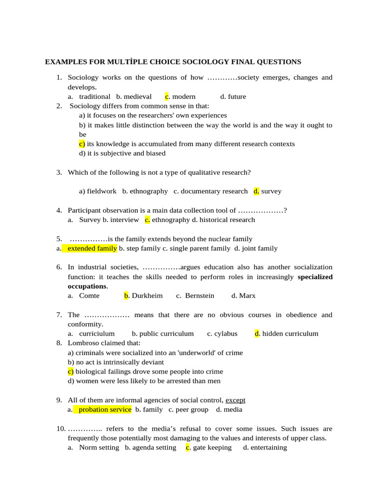 Sociology Final Exam Practice Questions | PDF | Sociology | Social ...