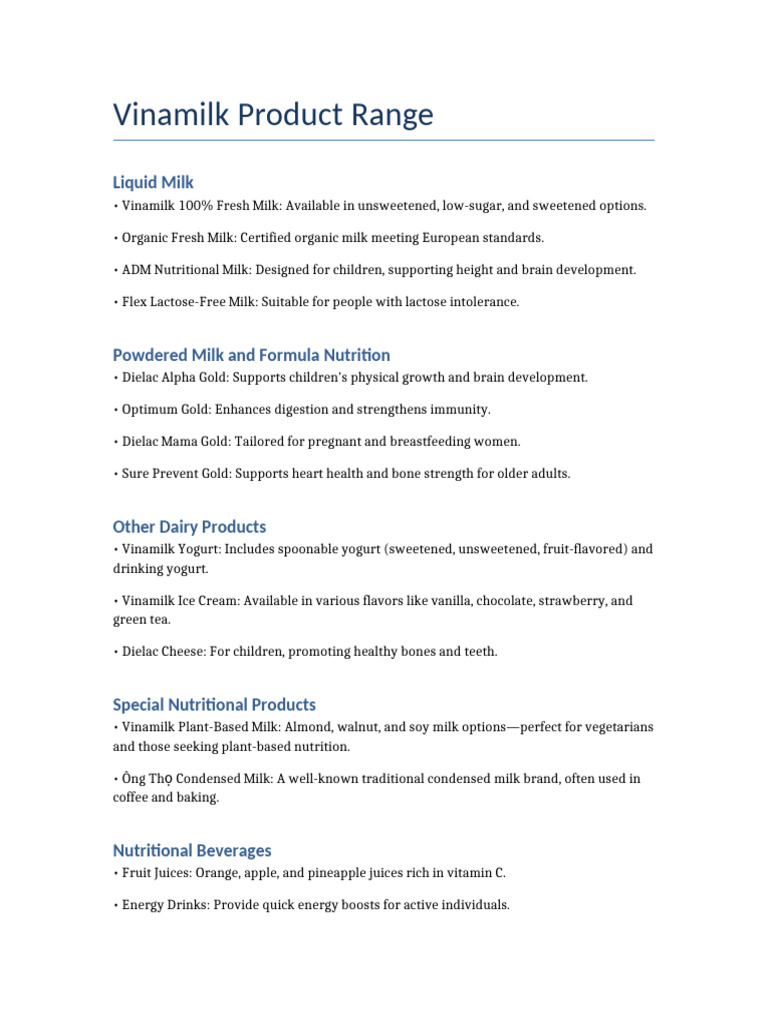 Vinamilk Product Categories Overview | PDF | Yogurt | Milk