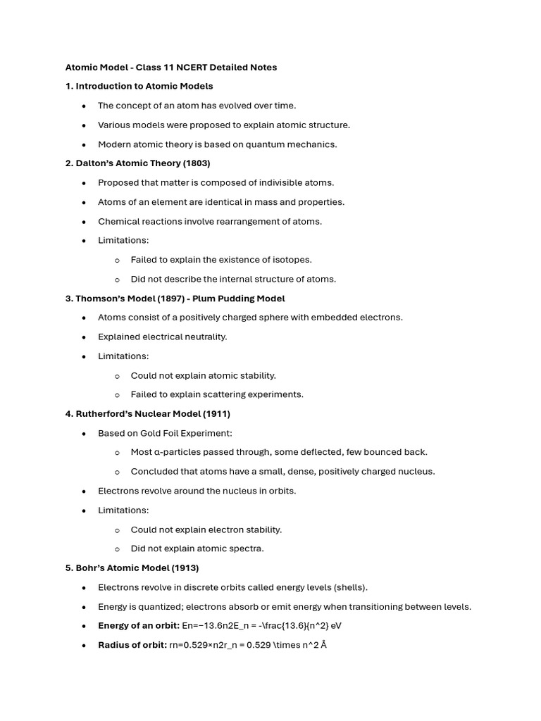Overview of Atomic Models in NCERT | PDF | Atoms | Atomic Orbital