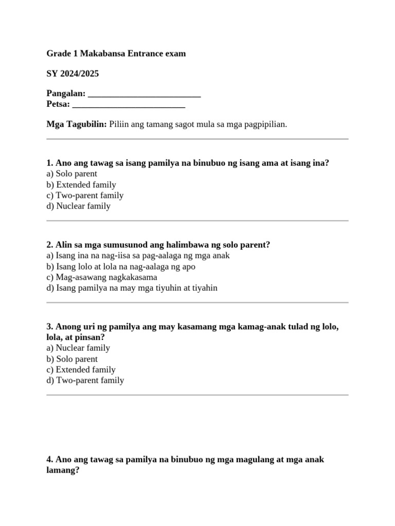 Grade 1 Makabansa Entrance Exam Pdf