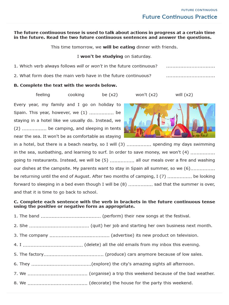 Future Continuous Practice Pages Pdf Camping Linguistics