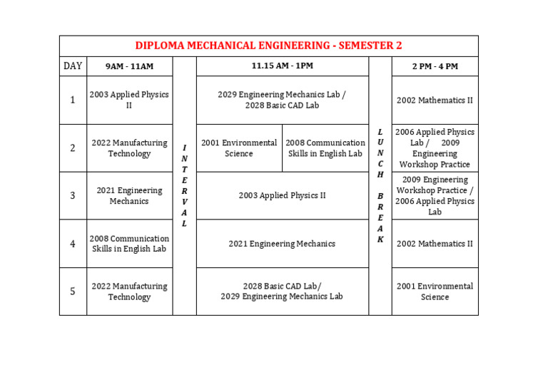Diploma Mechanical Engineering Schedule | PDF