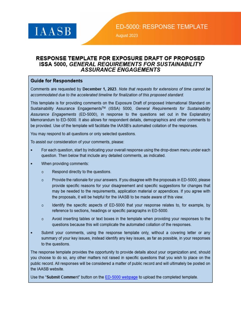 IAASB Response Template Proposed ISSA 5000 Sustainability Assurance ...