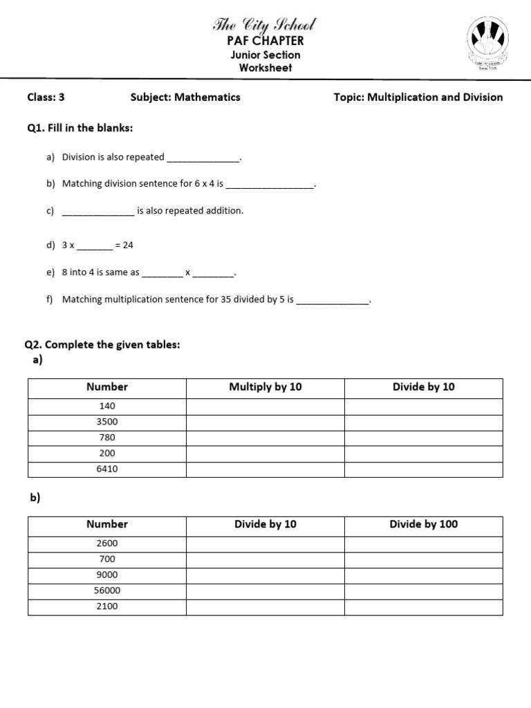 Math Worksheet: Multiplication & Division | PDF