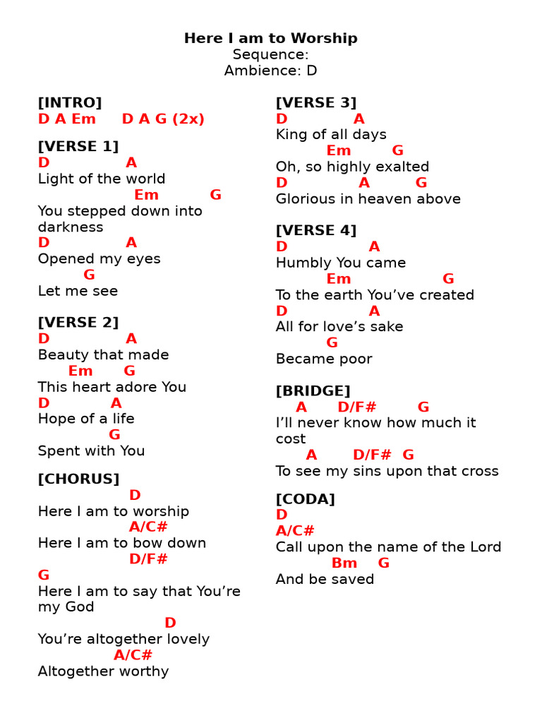 Here I Am to Worship Chords & Lyrics | PDF
