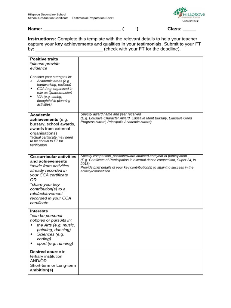 Hillgrove School Graduation Testimonial Guide | PDF