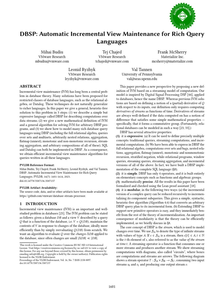 VLDB 2023 - DBSP - Automatic Incremental View Maintenance For Rich ...