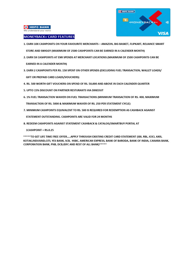 Moneyback+ Card Cashpoints Benefits | PDF