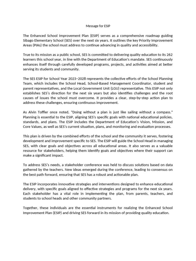 Message for ESIP | PDF | Socioeconomic Status | Goal