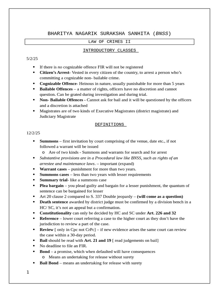 BNSS Overview: Criminal Law Essentials | PDF | Bail | Arrest