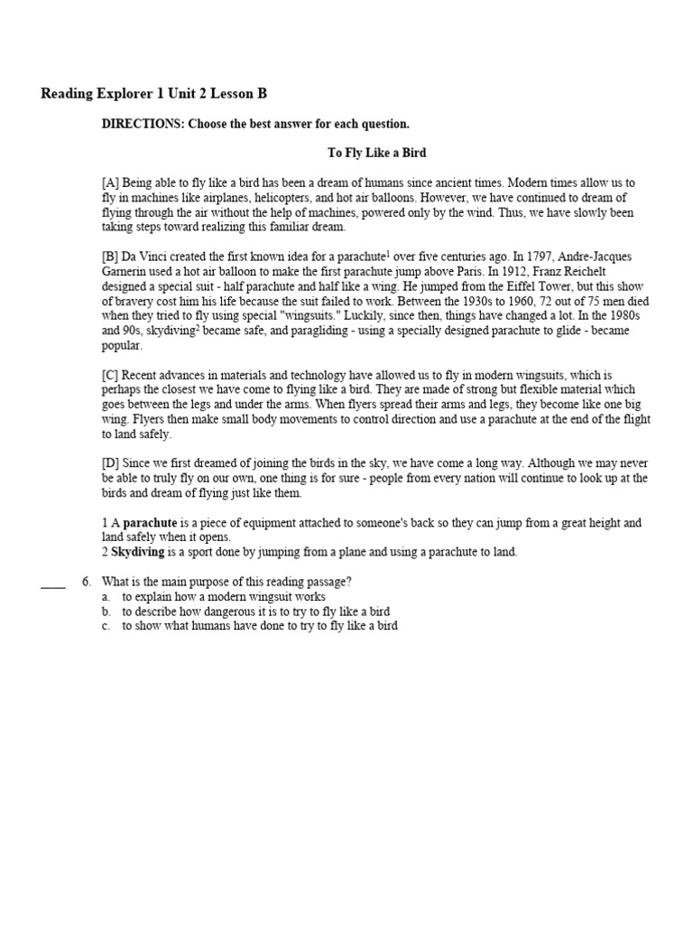 Reading Explorer 1 Unit 2 Lesson B | PDF | Parachute | Aviation