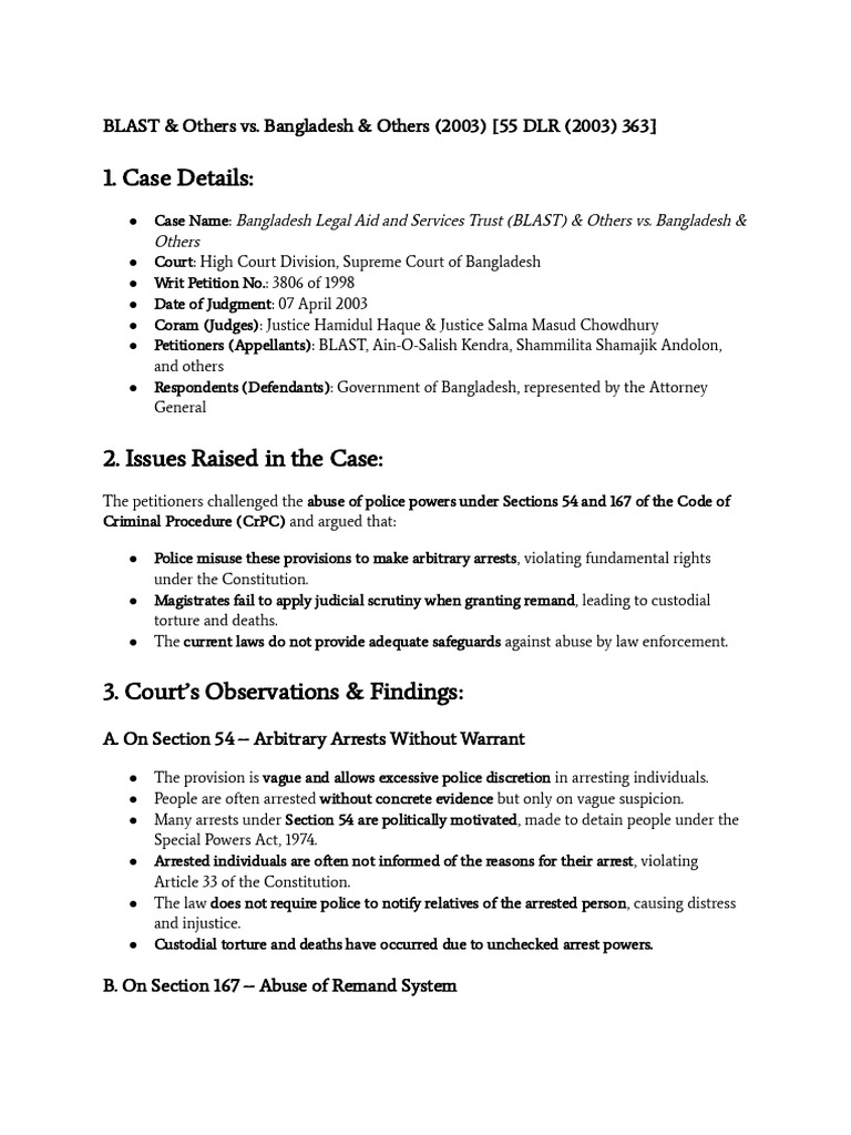 Bangladesh Custodial Rights Case 2003 | PDF | Arrest | Detention ...